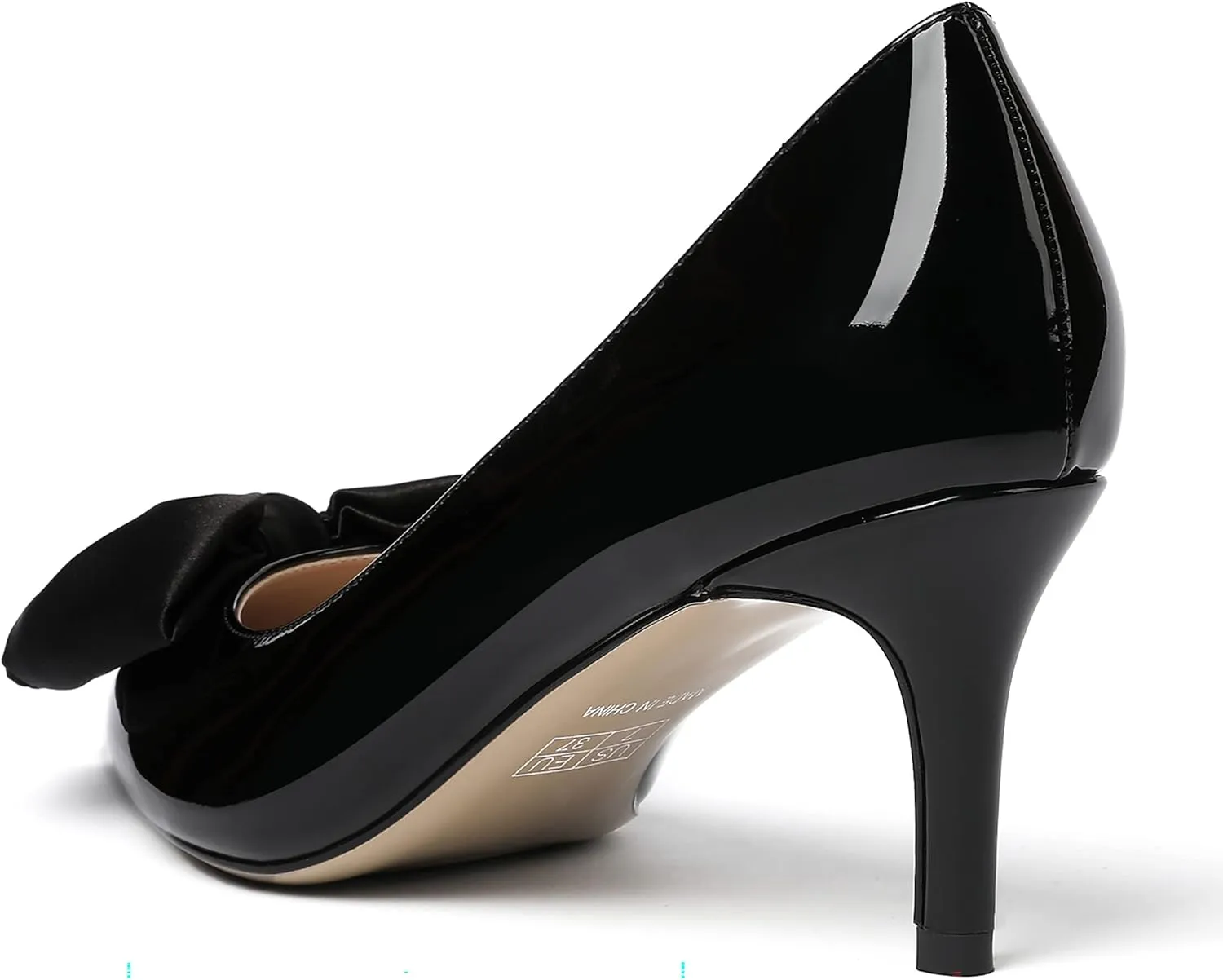 WAYDERNS Women's Satin Bow Decoration Pointed Toe Slip On Patent Stiletto Mid Heel Pumps Shoes 2.5 Inch