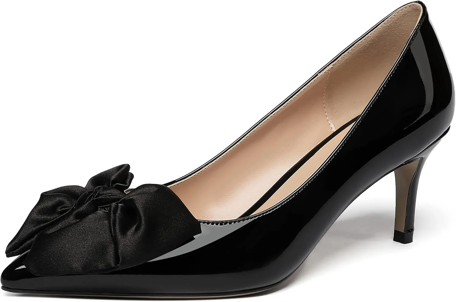 WAYDERNS Women's Satin Bow Decoration Pointed Toe Slip On Patent Stiletto Mid Heel Pumps Shoes 2.5 Inch