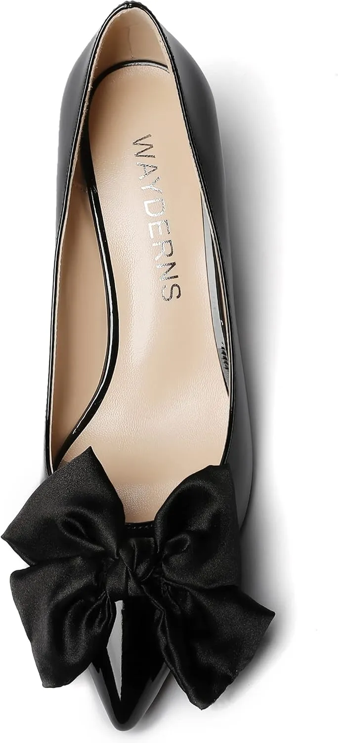 WAYDERNS Women's Satin Bow Decoration Pointed Toe Slip On Patent Stiletto Mid Heel Pumps Shoes 2.5 Inch