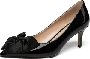 WAYDERNS Women's Satin Bow Decoration Pointed Toe Slip On Patent Stiletto Mid Heel Pumps Shoes 2.5 Inch