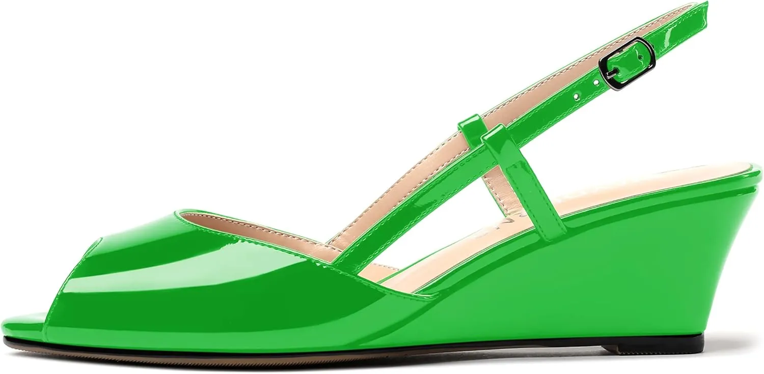 WAYDERNS Women's Slingback Patent Peep Toe Sandals Ankle Strap Wedge Low Heel Pumps Cute Dress Shoes 2 Inch