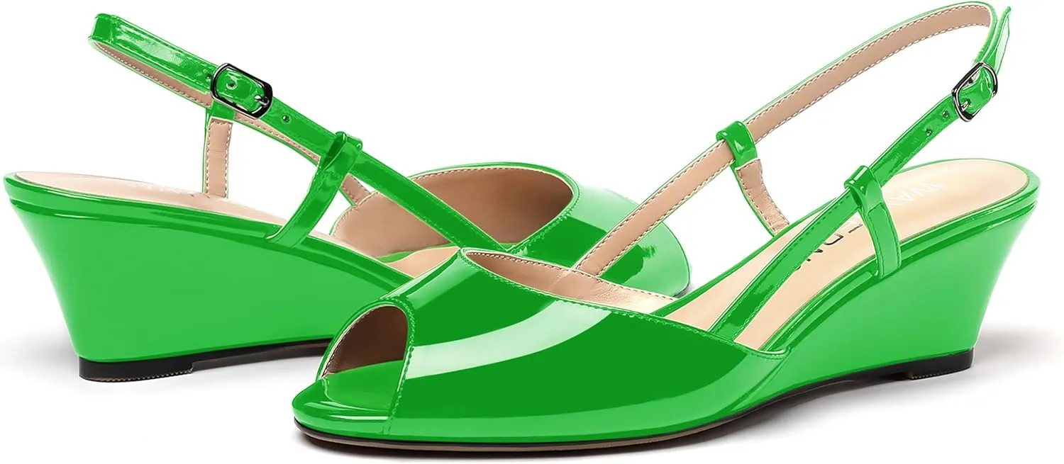 WAYDERNS Women's Slingback Patent Peep Toe Sandals Ankle Strap Wedge Low Heel Pumps Cute Dress Shoes 2 Inch