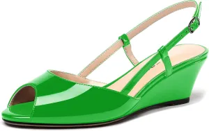 WAYDERNS Women's Slingback Patent Peep Toe Sandals Ankle Strap Wedge Low Heel Pumps Cute Dress Shoes 2 Inch