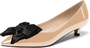 WAYDERNS Women's Slip On Patent Pointed Toe Bow Decoration Kitten Low Heel Pumps Shoes 1.5 Inch