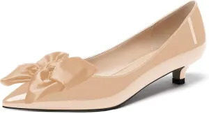 WAYDERNS Women's Slip On Patent Pointed Toe Bow Decoration Kitten Low Heel Pumps Shoes 1.5 Inch