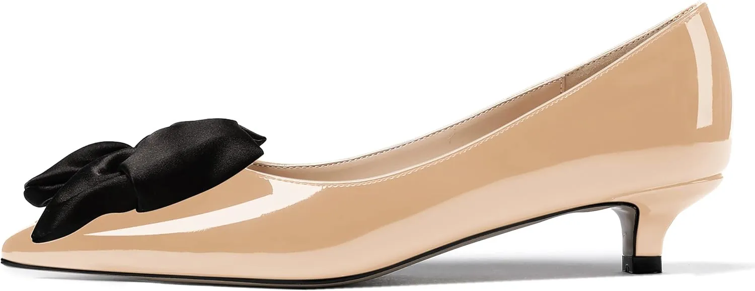 WAYDERNS Women's Slip On Patent Pointed Toe Bow Decoration Kitten Low Heel Pumps Shoes 1.5 Inch