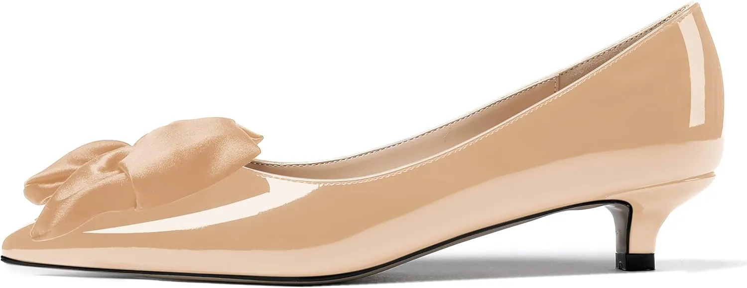 WAYDERNS Women's Slip On Patent Pointed Toe Bow Decoration Kitten Low Heel Pumps Shoes 1.5 Inch