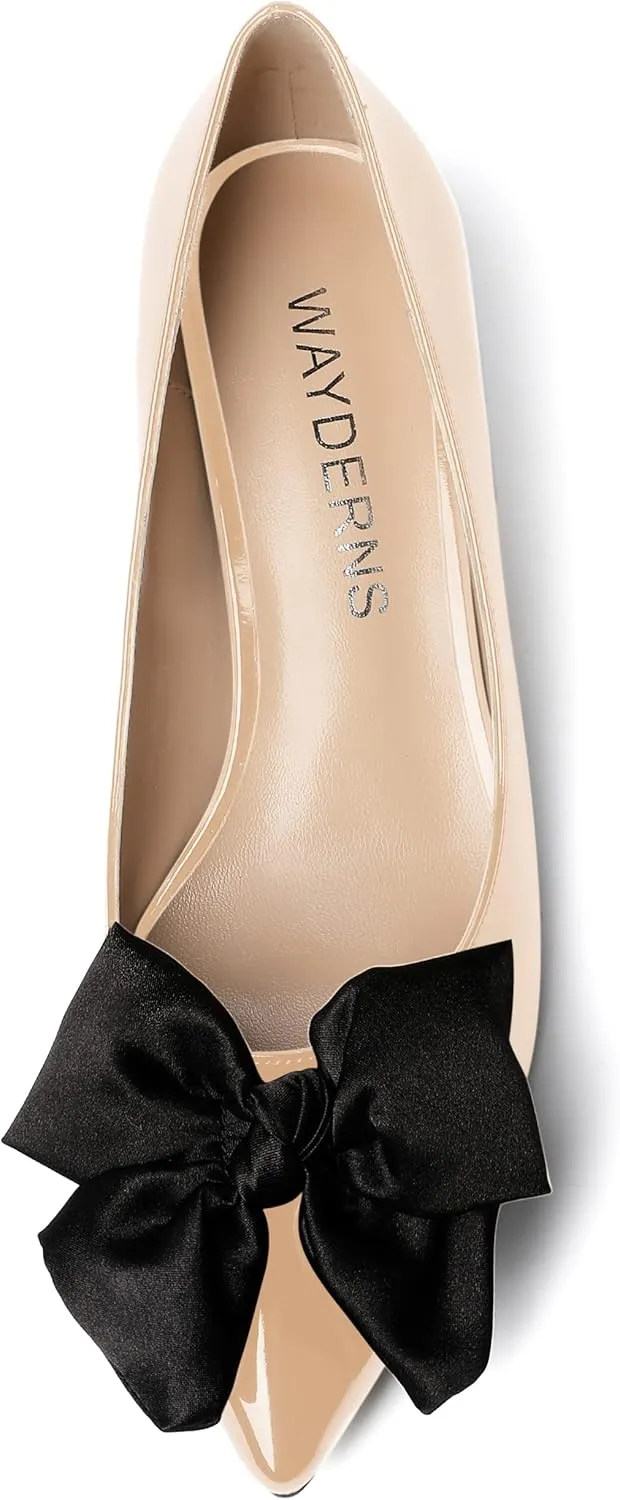 WAYDERNS Women's Slip On Patent Pointed Toe Bow Decoration Kitten Low Heel Pumps Shoes 1.5 Inch