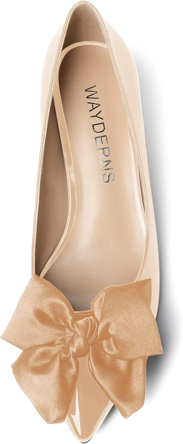 WAYDERNS Women's Slip On Patent Pointed Toe Bow Decoration Kitten Low Heel Pumps Shoes 1.5 Inch