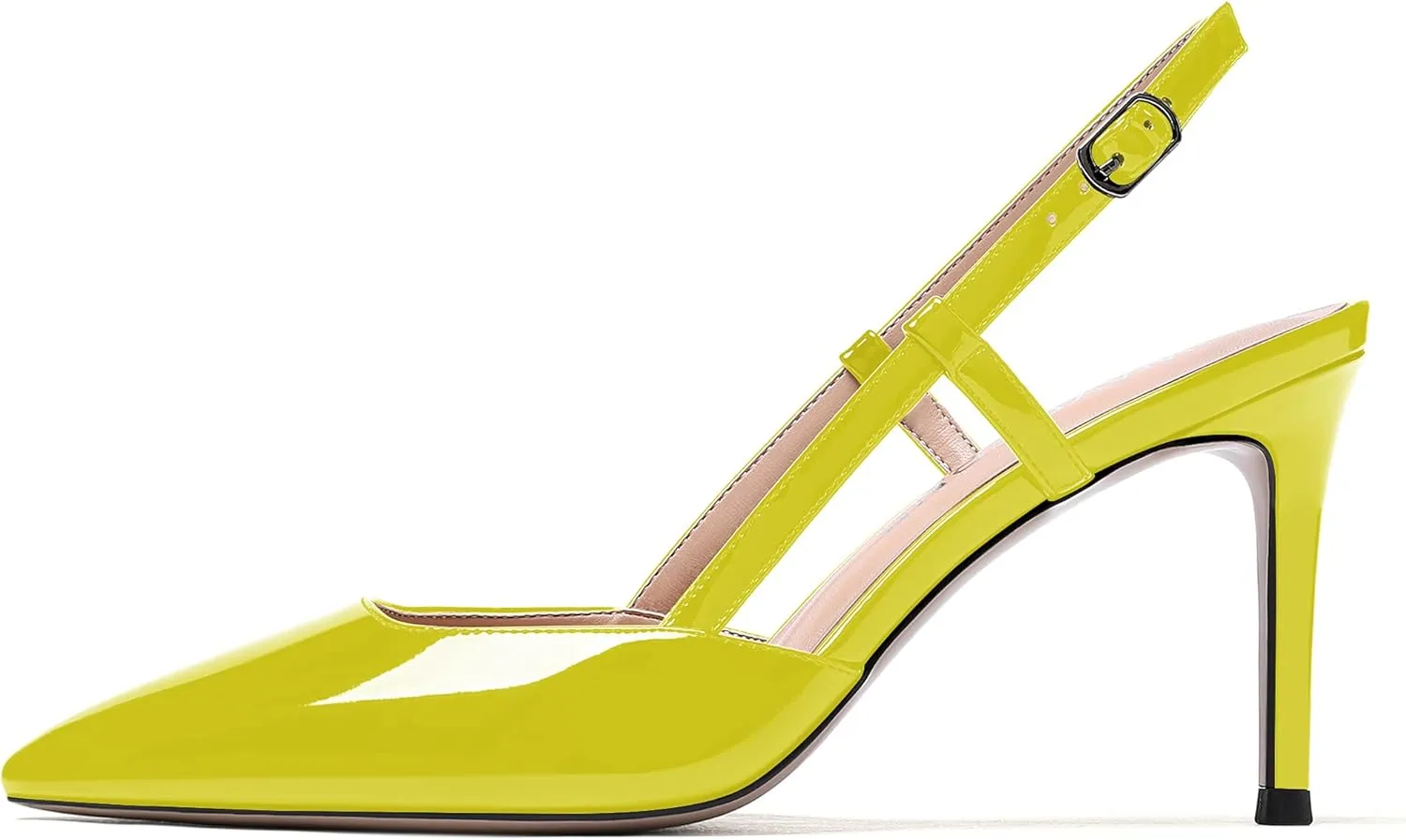 WAYDERNS Women's Solid Pointed Toe Buckle Slingback Ankle Strap Patent Leather Stiletto High Heel Pumps Shoes 3.5 Inch
