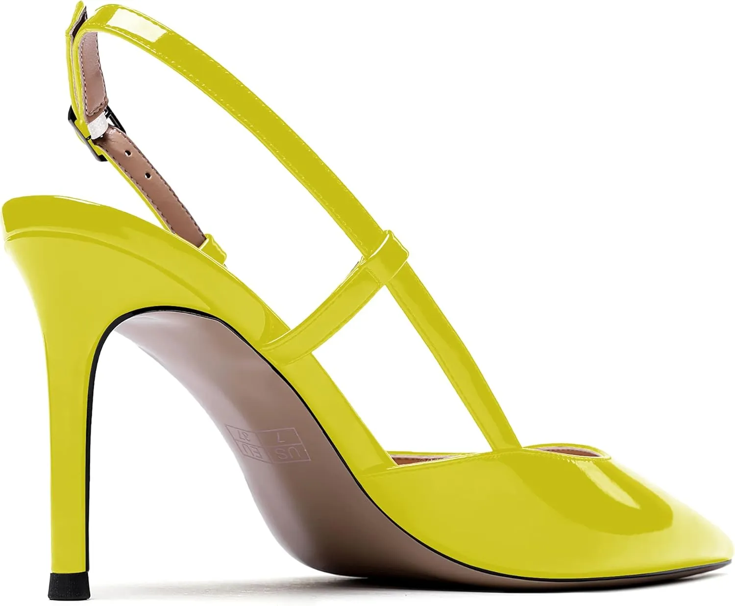 WAYDERNS Women's Solid Pointed Toe Buckle Slingback Ankle Strap Patent Leather Stiletto High Heel Pumps Shoes 3.5 Inch