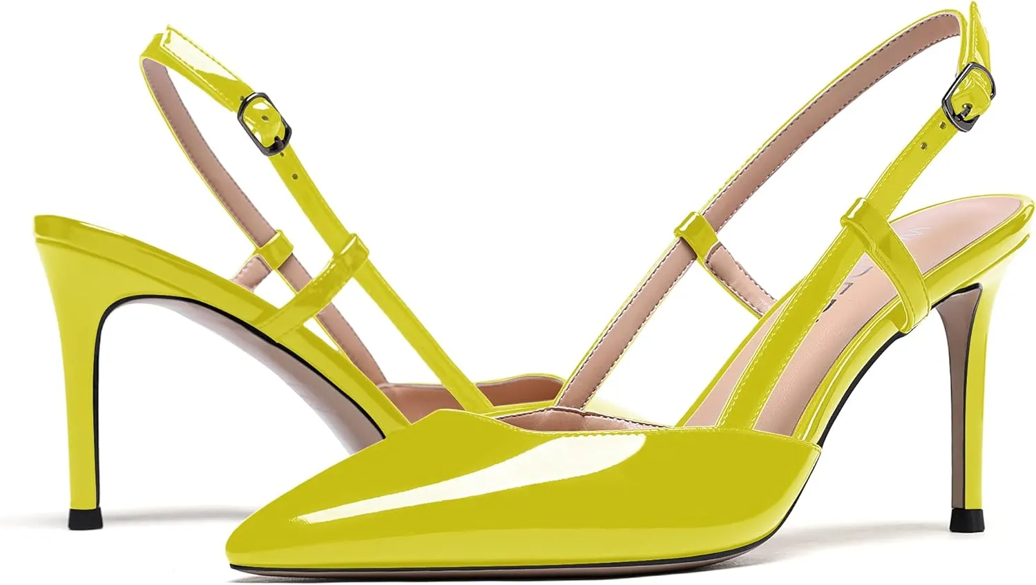 WAYDERNS Women's Solid Pointed Toe Buckle Slingback Ankle Strap Patent Leather Stiletto High Heel Pumps Shoes 3.5 Inch