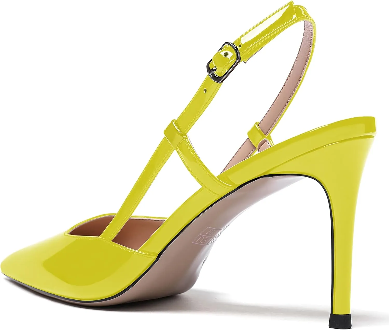 WAYDERNS Women's Solid Pointed Toe Buckle Slingback Ankle Strap Patent Leather Stiletto High Heel Pumps Shoes 3.5 Inch