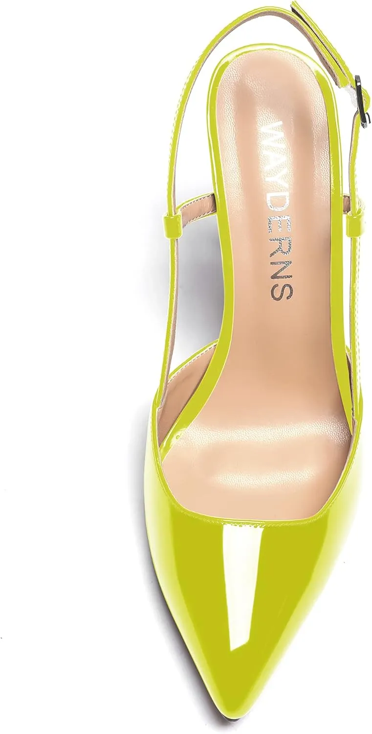 WAYDERNS Women's Solid Pointed Toe Buckle Slingback Ankle Strap Patent Leather Stiletto High Heel Pumps Shoes 3.5 Inch