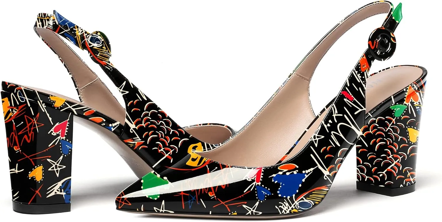 WAYDERNS Women's Thick Patent Solid Pointed Toe Slingback Buckle Ankle Strap Block High Heel Pumps Shoes 3 Inch