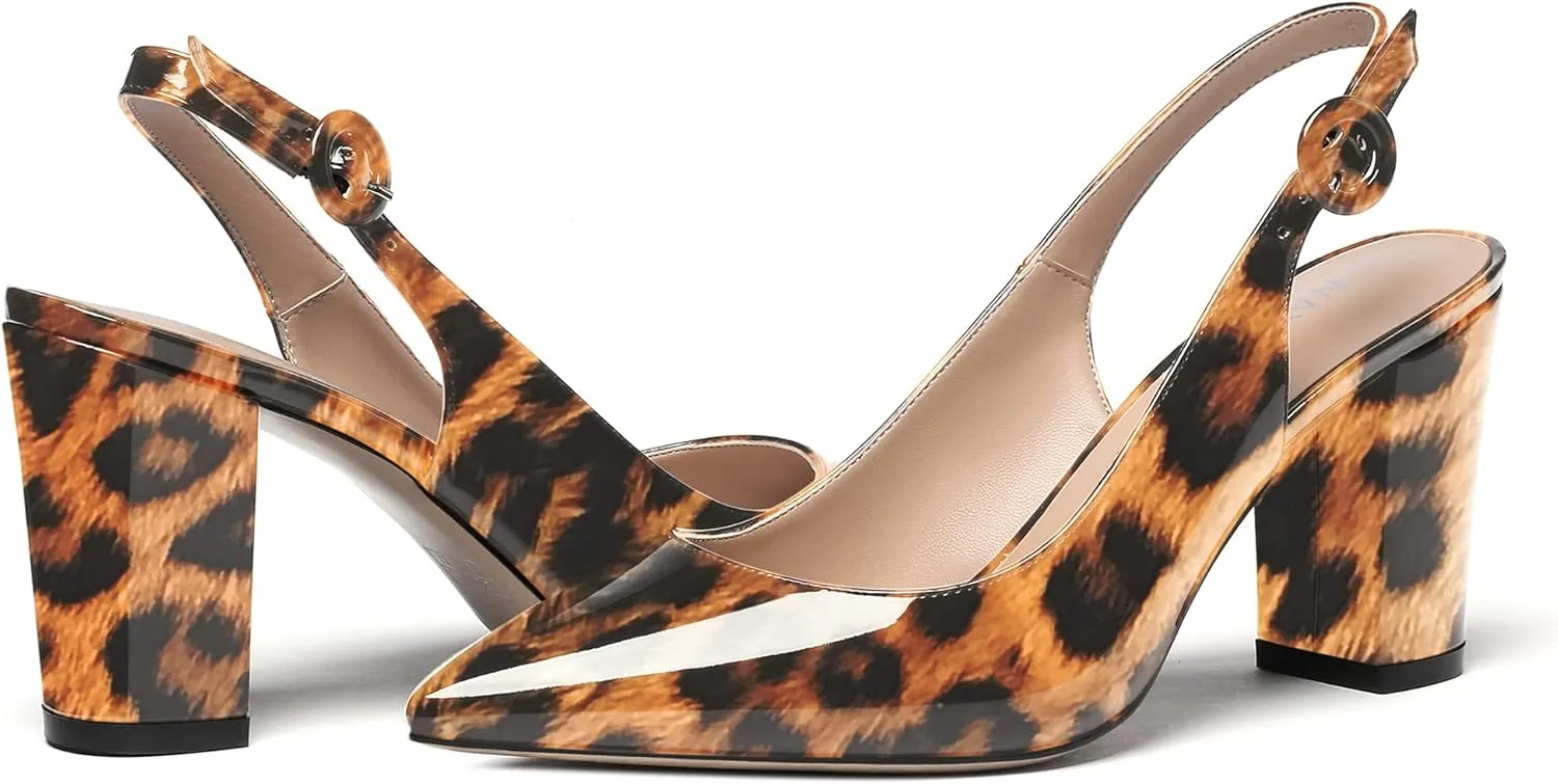 WAYDERNS Women's Thick Patent Solid Pointed Toe Slingback Buckle Ankle Strap Block High Heel Pumps Shoes 3 Inch