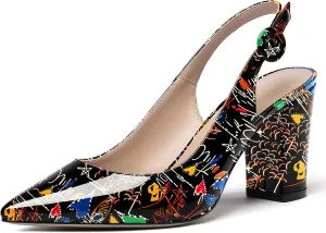WAYDERNS Women's Thick Patent Solid Pointed Toe Slingback Buckle Ankle Strap Block High Heel Pumps Shoes 3 Inch