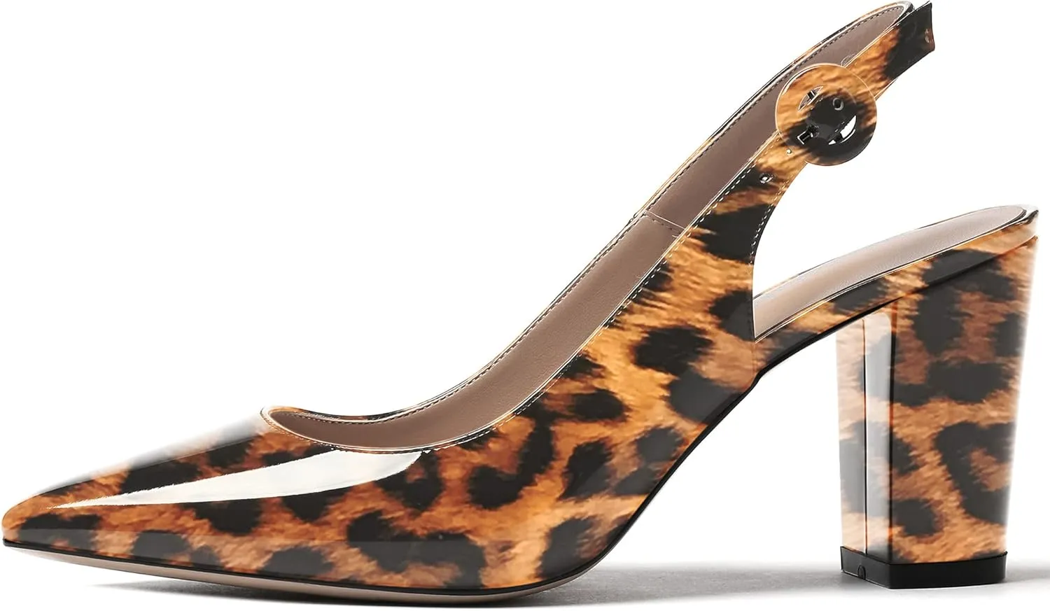 WAYDERNS Women's Thick Patent Solid Pointed Toe Slingback Buckle Ankle Strap Block High Heel Pumps Shoes 3 Inch
