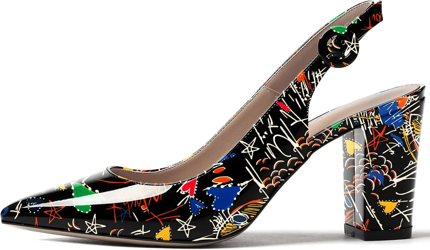 WAYDERNS Women's Thick Patent Solid Pointed Toe Slingback Buckle Ankle Strap Block High Heel Pumps Shoes 3 Inch
