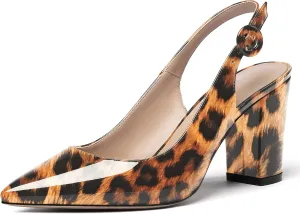 WAYDERNS Women's Thick Patent Solid Pointed Toe Slingback Buckle Ankle Strap Block High Heel Pumps Shoes 3 Inch