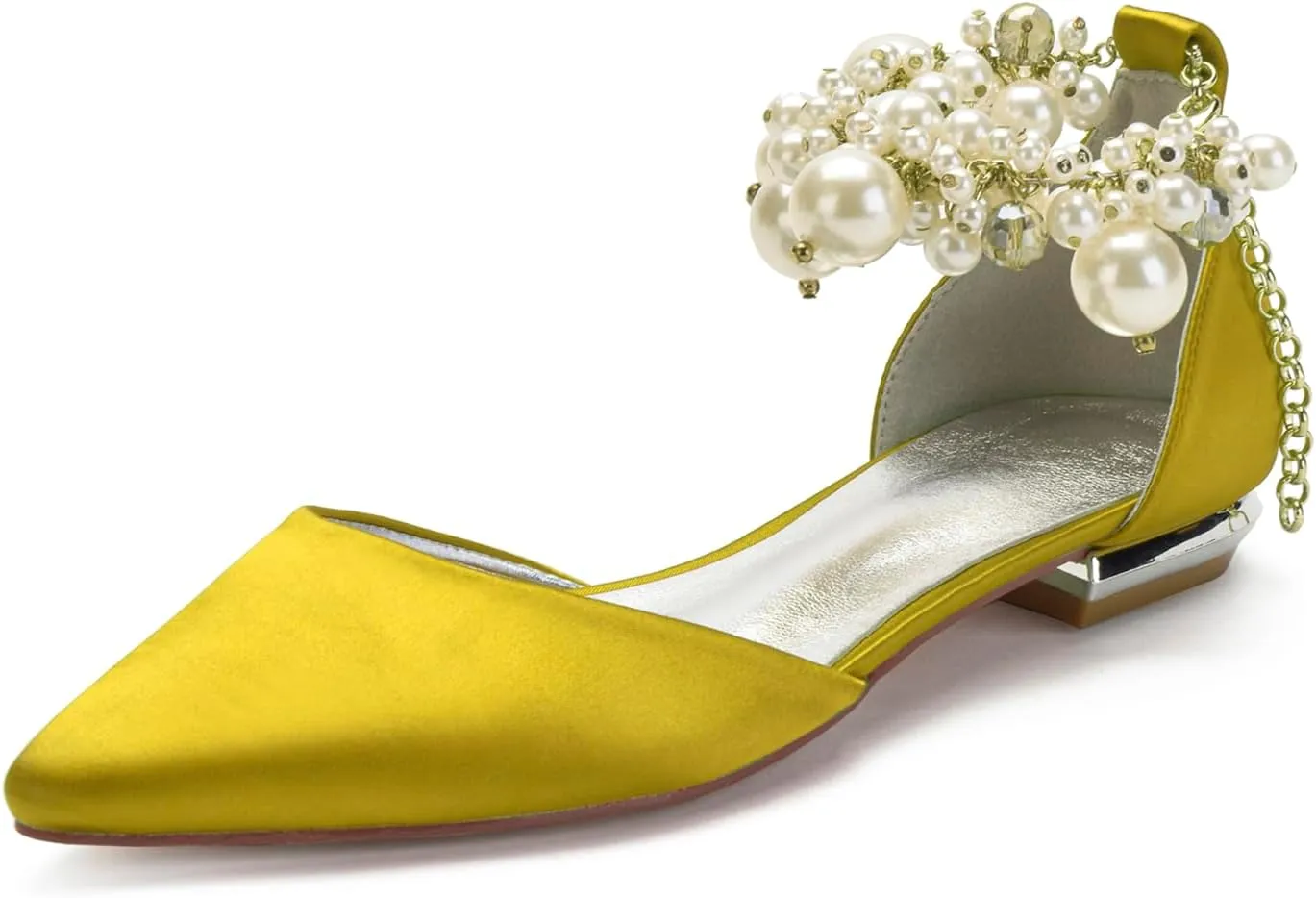 Wedding Bridal Shoes Beaded Ankle Strap Low Heels Women's Pumps Pointed Toe Closed Toe Sandal 2CM High Heels Satin Flats Elegant Formal