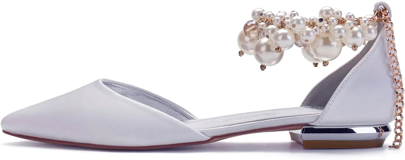 Wedding Bridal Shoes Beaded Ankle Strap Low Heels Women's Pumps Pointed Toe Closed Toe Sandal 2CM High Heels Satin Flats Elegant Formal