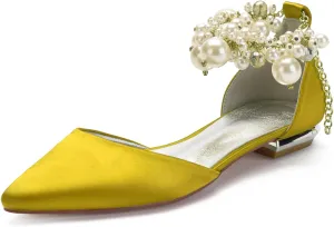 Wedding Bridal Shoes Beaded Ankle Strap Low Heels Women's Pumps Pointed Toe Closed Toe Sandal 2CM High Heels Satin Flats Elegant Formal
