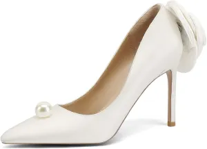 Wedding Shoes with 4' High Stiletto Heel and Pointed Toe for Women Bride Braidsmaid, Ivory White Pearl and Flower in Details for Prom Events