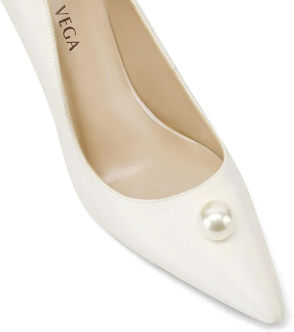 Wedding Shoes with 4' High Stiletto Heel and Pointed Toe for Women Bride Braidsmaid, Ivory White Pearl and Flower in Details for Prom Events