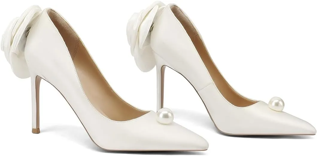 Wedding Shoes with 4' High Stiletto Heel and Pointed Toe for Women Bride Braidsmaid, Ivory White Pearl and Flower in Details for Prom Events