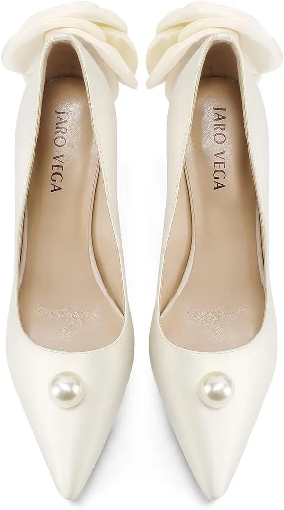 Wedding Shoes with 4' High Stiletto Heel and Pointed Toe for Women Bride Braidsmaid, Ivory White Pearl and Flower in Details for Prom Events