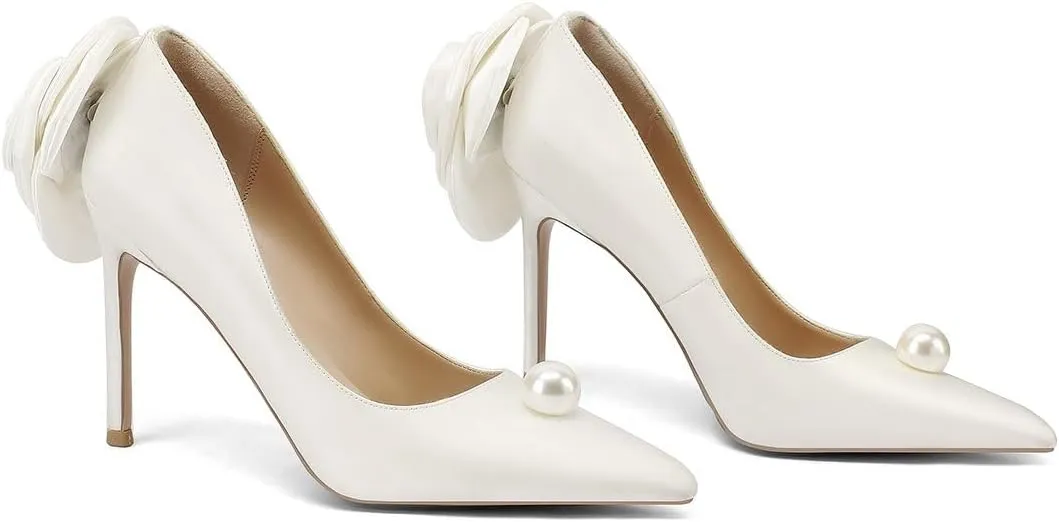 Wedding Shoes with 4' High Stiletto Heel and Pointed Toe for Women Bride Braidsmaid, Ivory White Pearl and Flower in Details for Prom Events