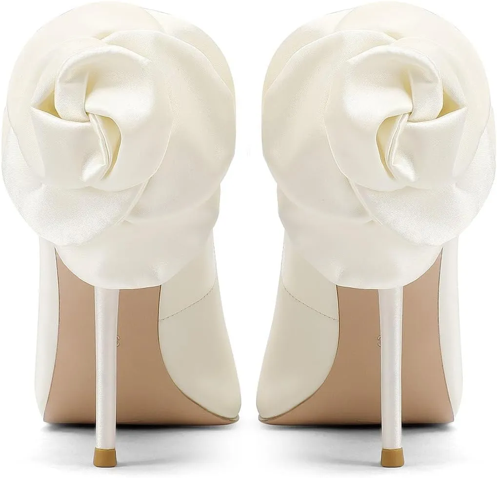 Wedding Shoes with 4' High Stiletto Heel and Pointed Toe for Women Bride Braidsmaid, Ivory White Pearl and Flower in Details for Prom Events