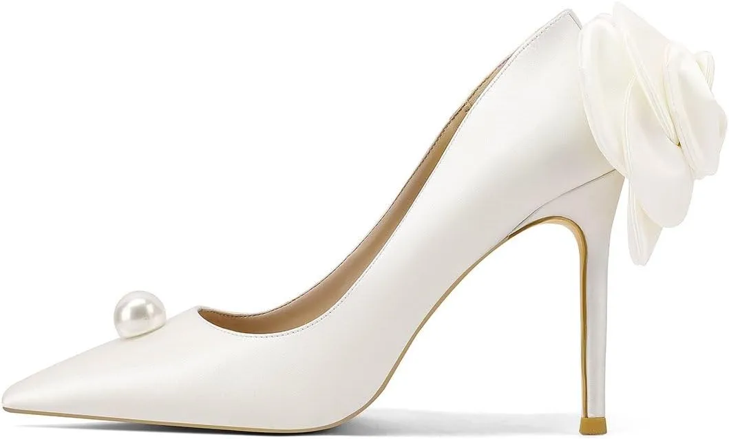 Wedding Shoes with 4' High Stiletto Heel and Pointed Toe for Women Bride Braidsmaid, Ivory White Pearl and Flower in Details for Prom Events