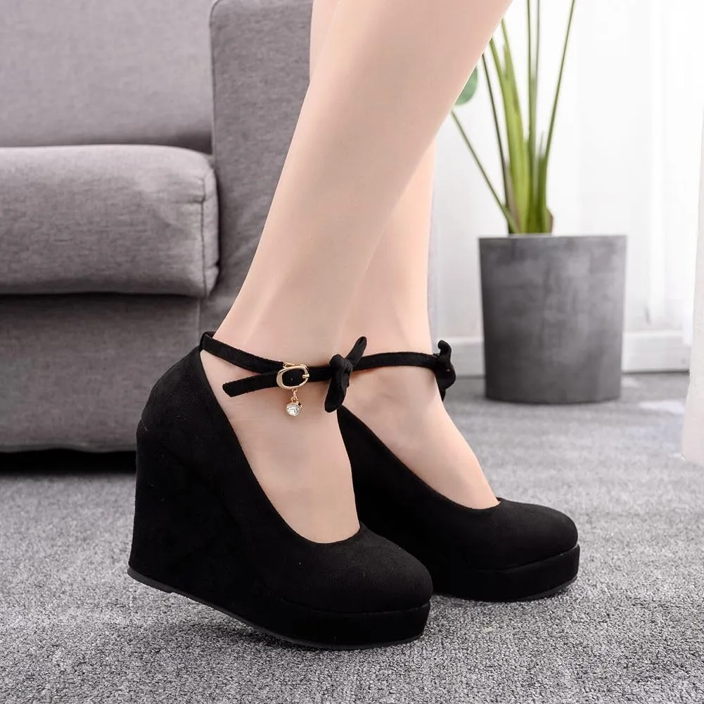 Wedge Mary Janes for Women Platform Mary Janes Suede Closed Toe Ankle Strap Lolita Shoes 4.3" Heel Cute Shoes