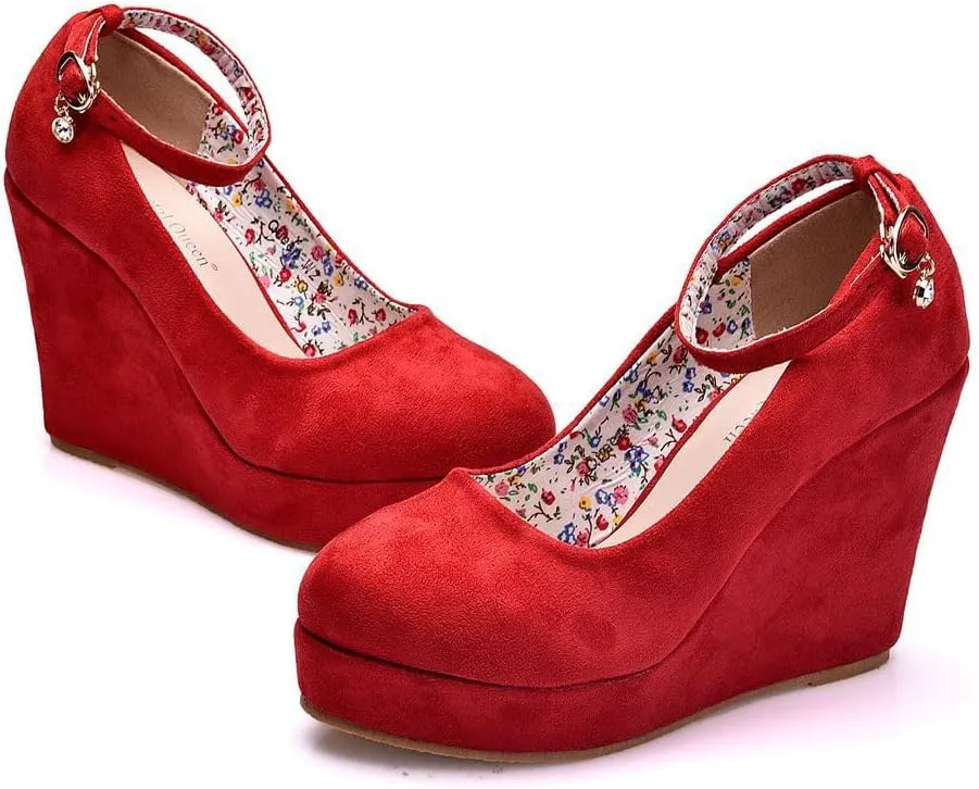Wedge Mary Janes for Women Platform Mary Janes Suede Closed Toe Ankle Strap Lolita Shoes 4.3" Heel Cute Shoes