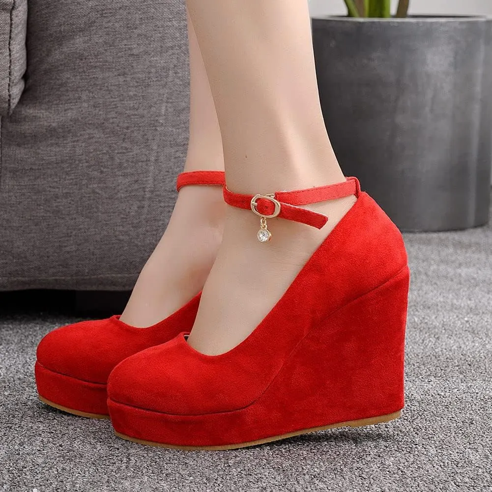 Wedge Mary Janes for Women Platform Mary Janes Suede Closed Toe Ankle Strap Lolita Shoes 4.3" Heel Cute Shoes