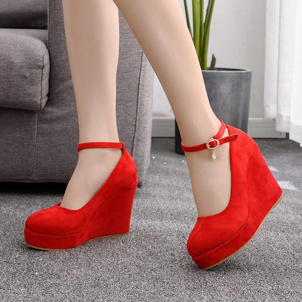 Wedge Mary Janes for Women Platform Mary Janes Suede Closed Toe Ankle Strap Lolita Shoes 4.3" Heel Cute Shoes
