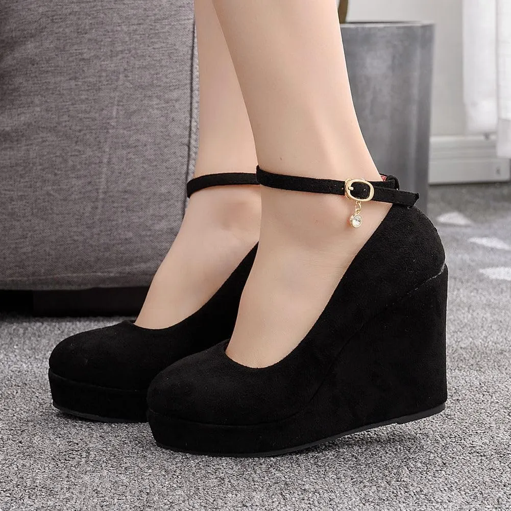 Wedge Mary Janes for Women Platform Mary Janes Suede Closed Toe Ankle Strap Lolita Shoes 4.3" Heel Cute Shoes