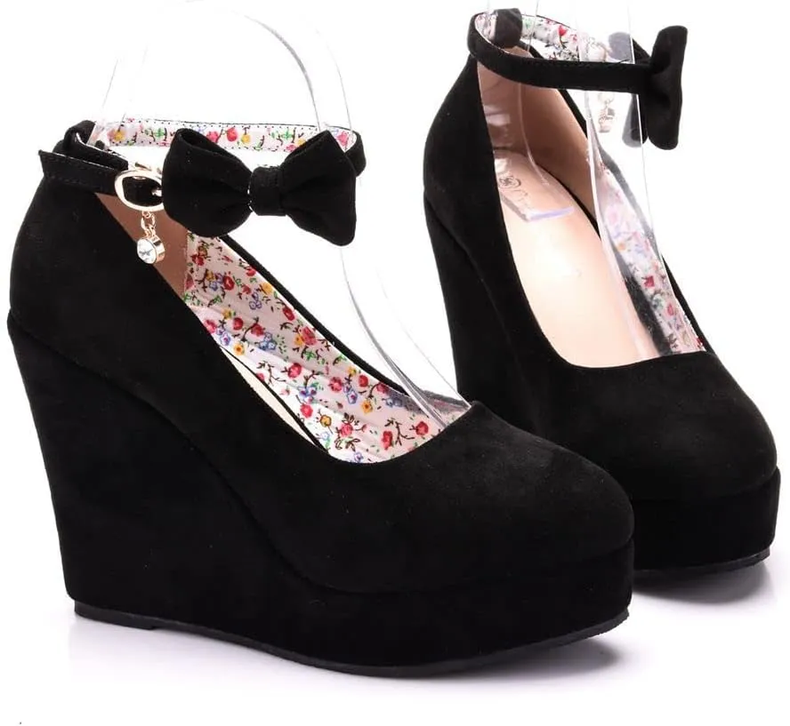 Wedge Mary Janes for Women Platform Mary Janes Suede Closed Toe Ankle Strap Lolita Shoes 4.3" Heel Cute Shoes