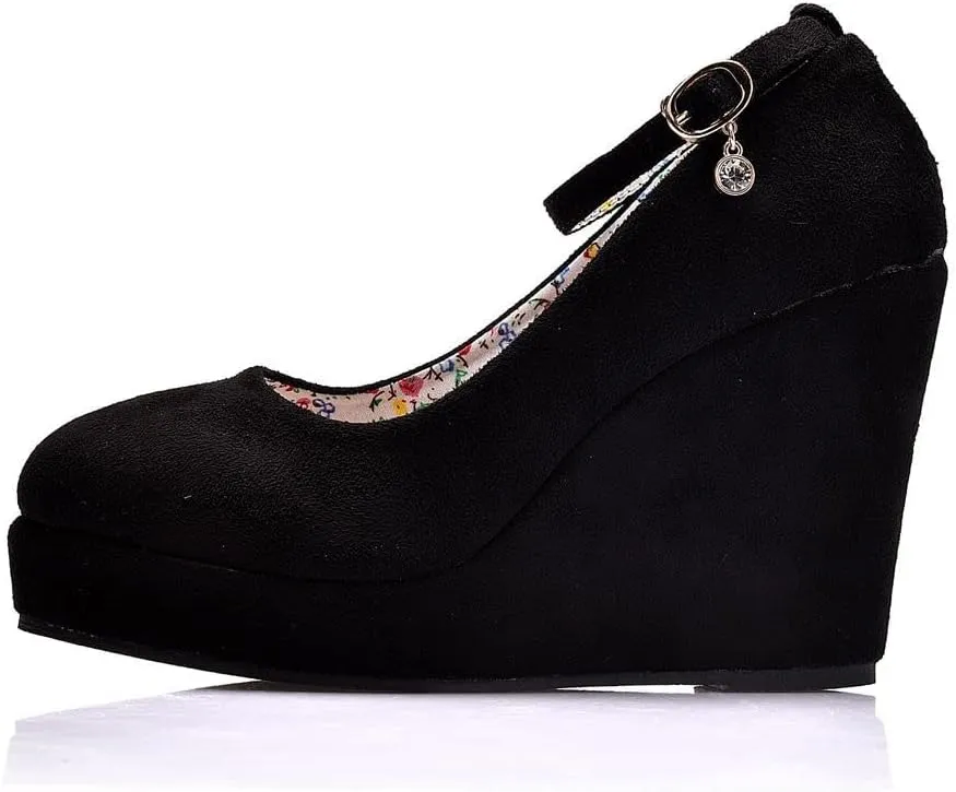 Wedge Mary Janes for Women Platform Mary Janes Suede Closed Toe Ankle Strap Lolita Shoes 4.3" Heel Cute Shoes