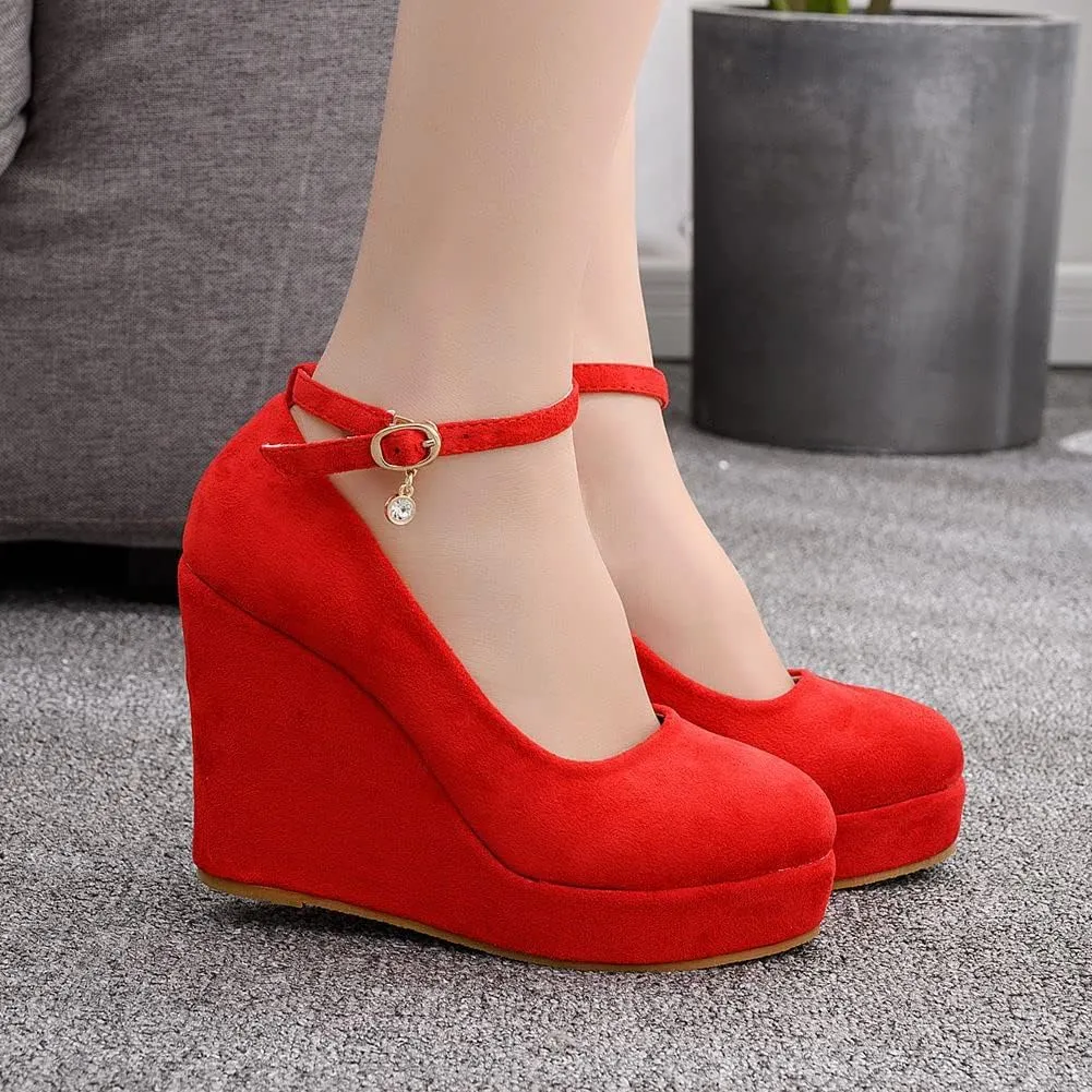 Wedge Mary Janes for Women Platform Mary Janes Suede Closed Toe Ankle Strap Lolita Shoes 4.3" Heel Cute Shoes