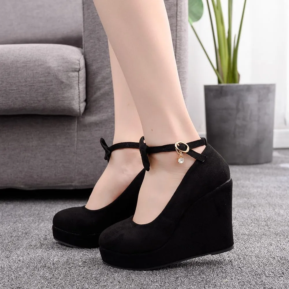 Wedge Mary Janes for Women Platform Mary Janes Suede Closed Toe Ankle Strap Lolita Shoes 4.3" Heel Cute Shoes