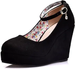 Wedge Mary Janes for Women Platform Mary Janes Suede Closed Toe Ankle Strap Lolita Shoes 4.3" Heel Cute Shoes