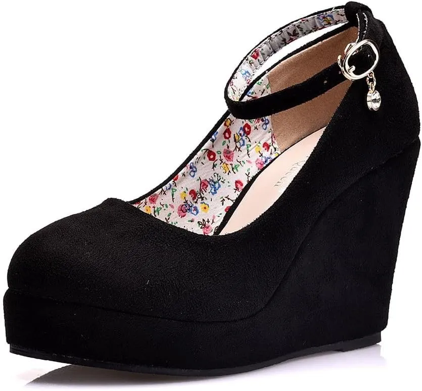 Wedge Mary Janes for Women Platform Mary Janes Suede Closed Toe Ankle Strap Lolita Shoes 4.3" Heel Cute Shoes