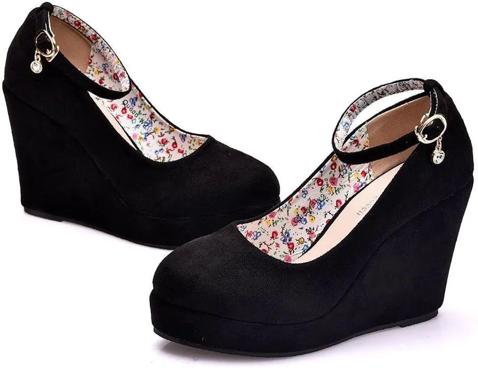Wedge Mary Janes for Women Platform Mary Janes Suede Closed Toe Ankle Strap Lolita Shoes 4.3" Heel Cute Shoes