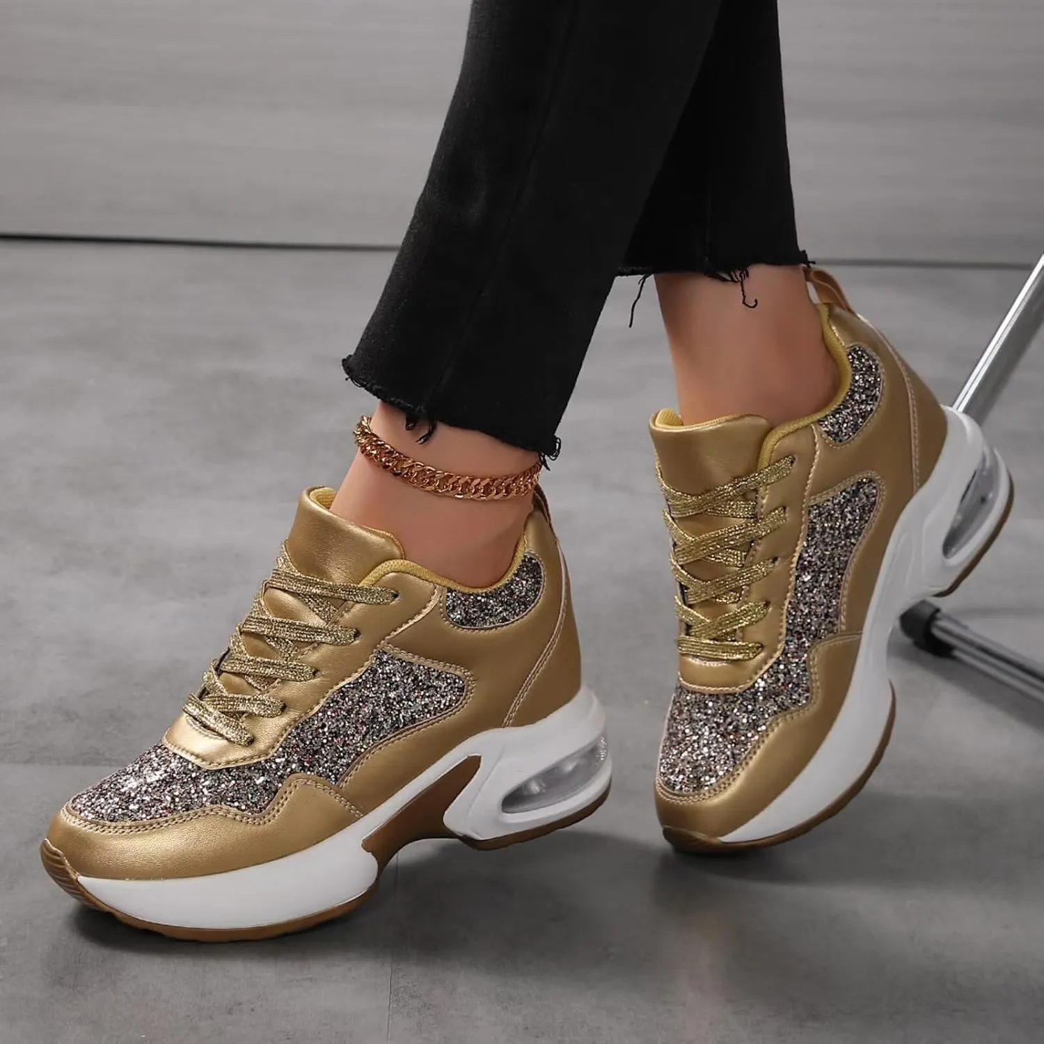 Wedge Sneakers for Women High Heel Hidden Platform Sneakers Fashion Glitter Wedding Shoes for Bride Increasing 3 inch