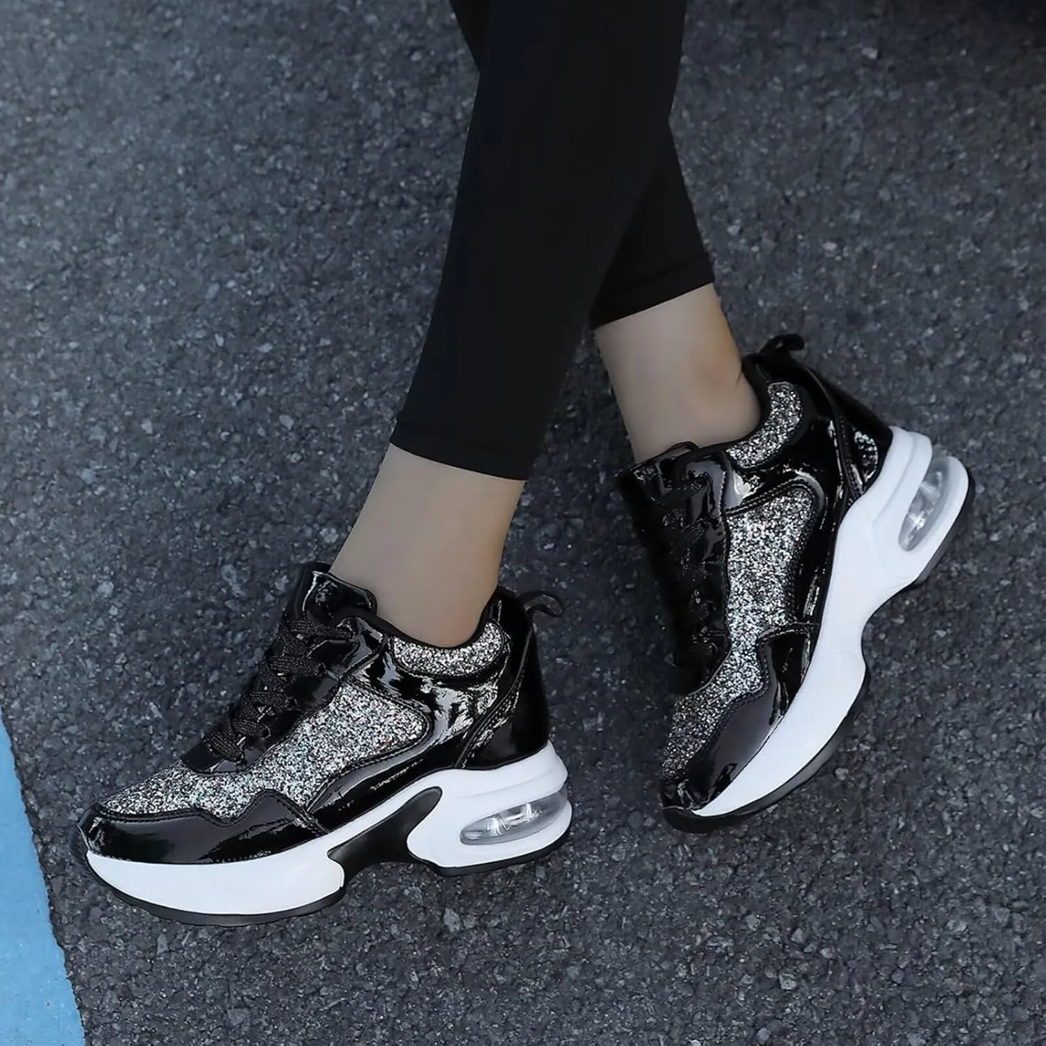 Wedge Sneakers for Women High Heel Hidden Platform Sneakers Fashion Glitter Wedding Shoes for Bride Increasing 3 inch