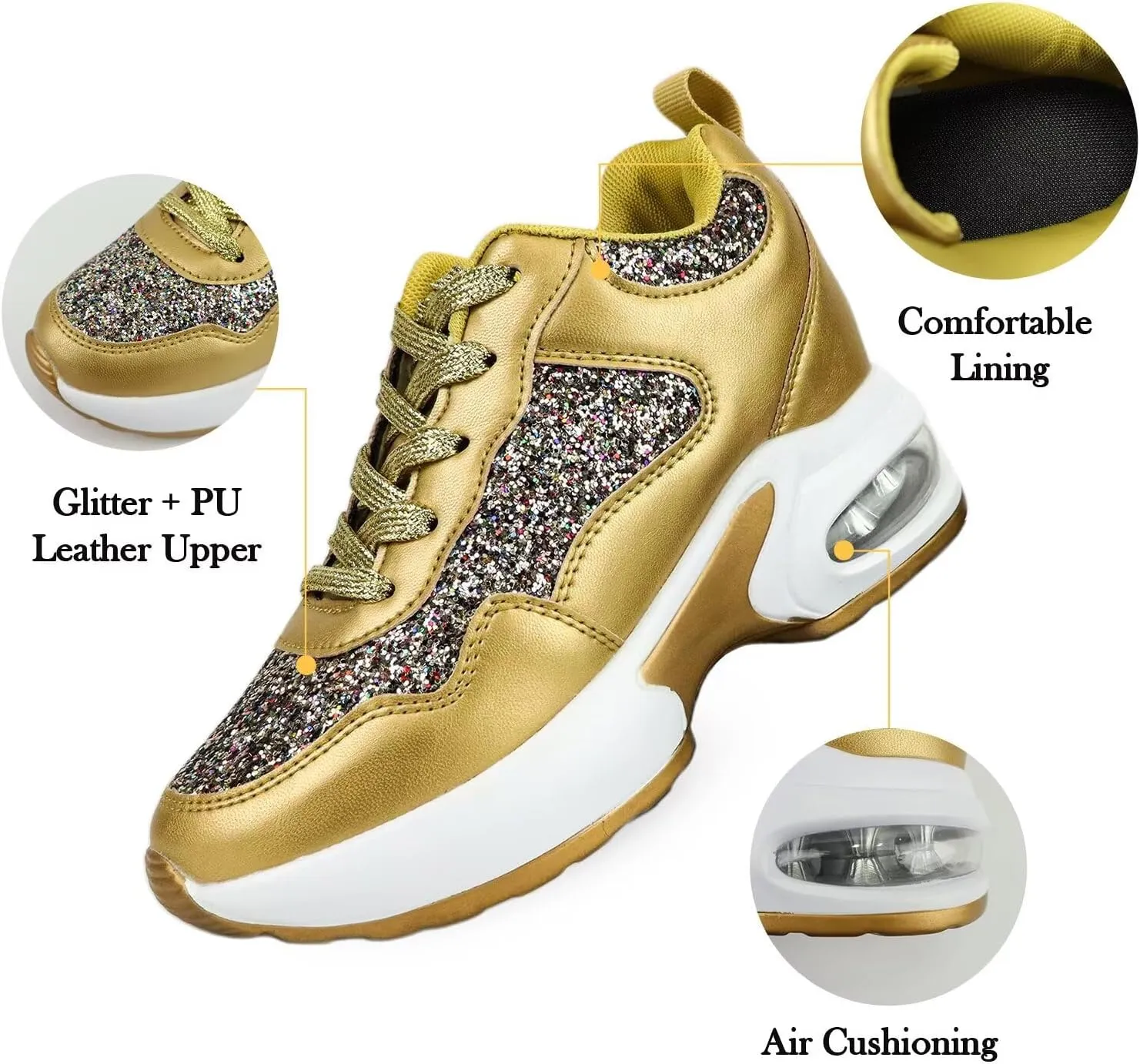 Wedge Sneakers for Women High Heel Hidden Platform Sneakers Fashion Glitter Wedding Shoes for Bride Increasing 3 inch