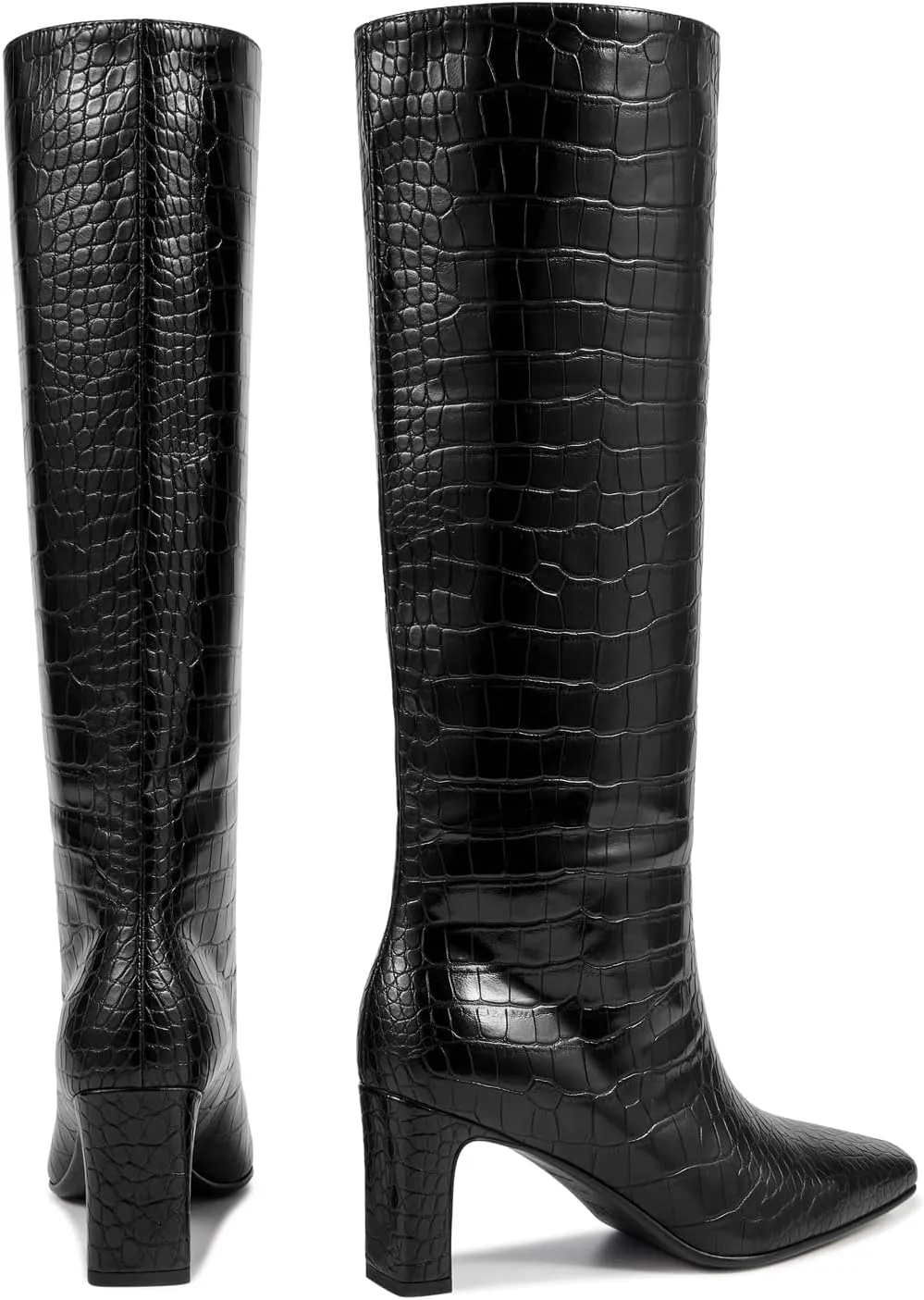 wetkiss Straight Leg Knee High Boots for Women Regular Calf Friendly Square Toe Faux Leather Crocodile Print Mid Heel Comfortable Boots